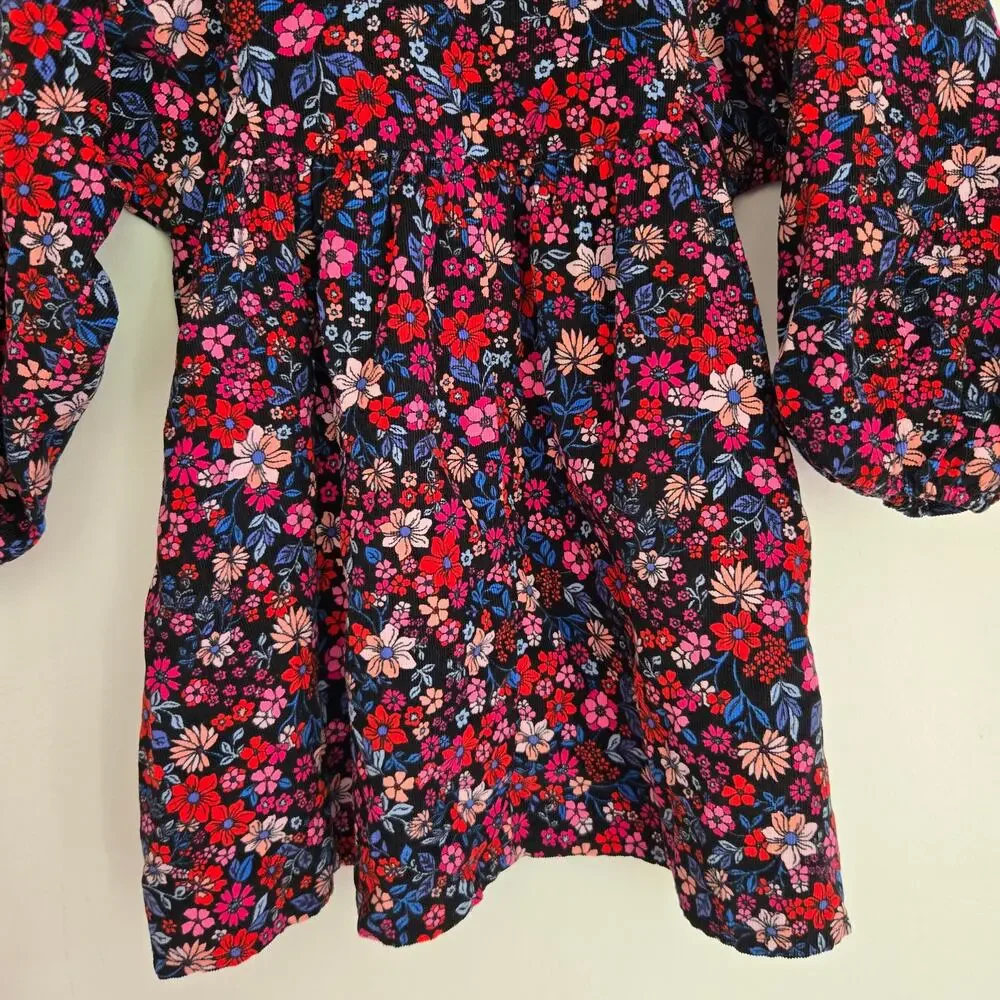 Crewcuts Girls Puff Sleeve Corduroy Dress Floral Fall Winter Long Sleeve Size 5